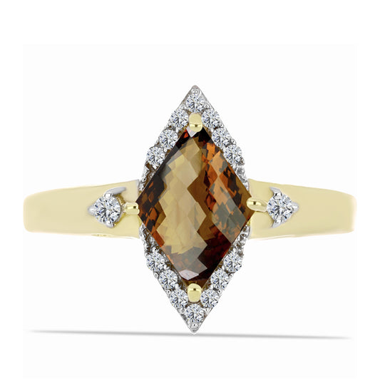 Pierścionek srebrny pozłacany z koniakowym kwarcem i białym topazem