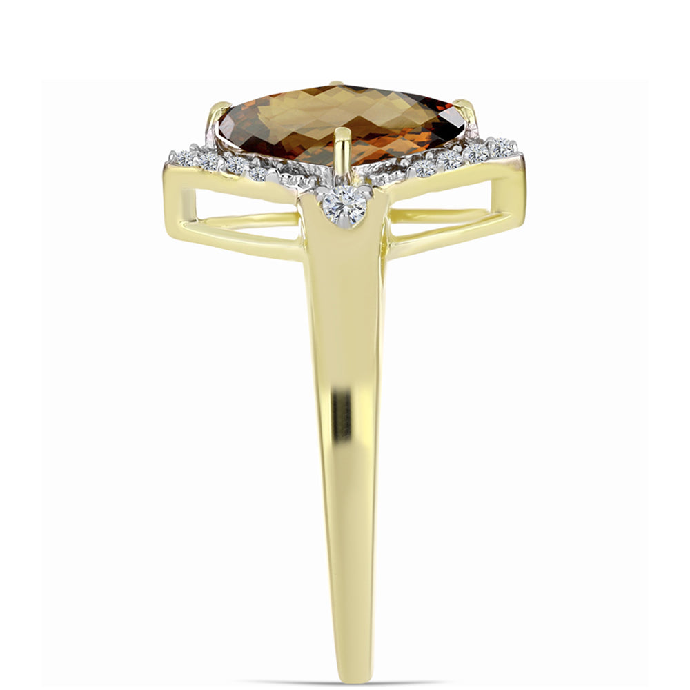 Pierścionek srebrny pozłacany z koniakowym kwarcem i białym topazem