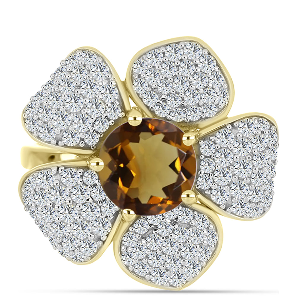 Pierścionek srebrny pozłacany z koniakowym kwarcem i białym topazem