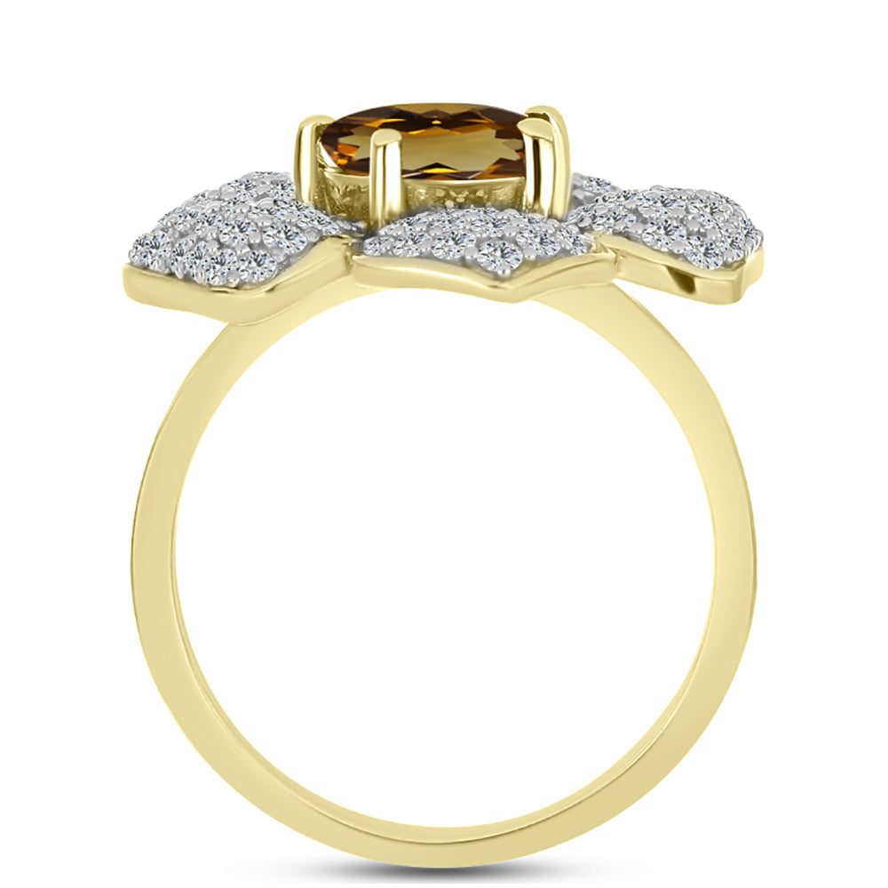 Pierścionek srebrny pozłacany z koniakowym kwarcem i białym topazem