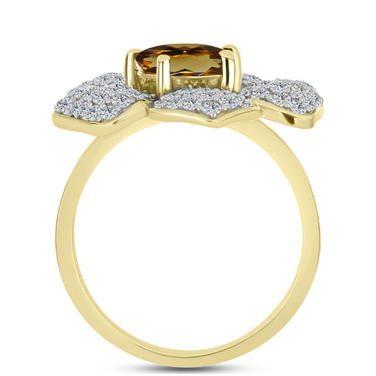 Pierścionek srebrny pozłacany z koniakowym kwarcem i białym topazem