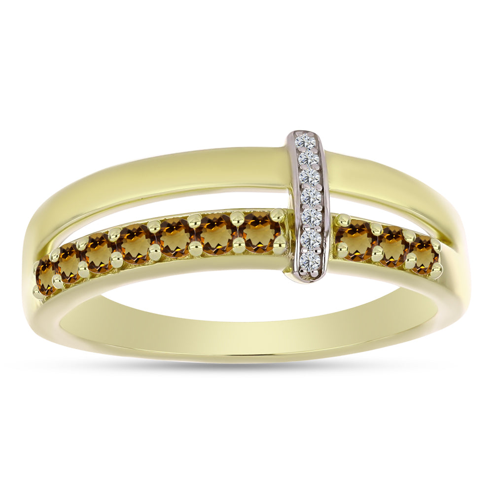 Pierścionek srebrny pozłacany z koniakowym kwarcem i białym topazem