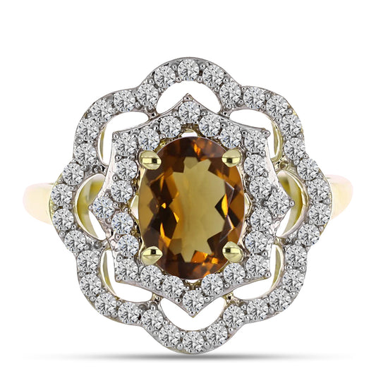 Pierścionek srebrny pozłacany z koniakowym kwarcem i białym topazem