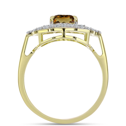 Pierścionek srebrny pozłacany z koniakowym kwarcem i białym topazem