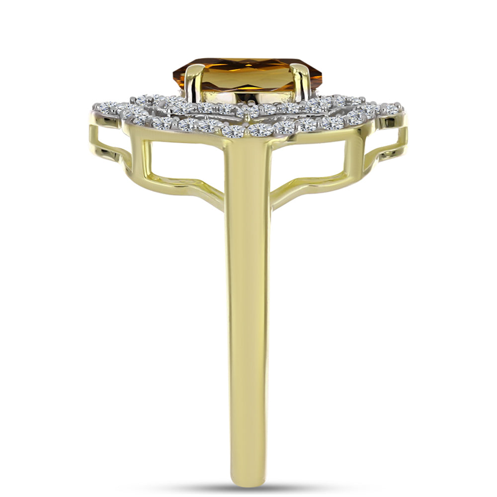 Pierścionek srebrny pozłacany z koniakowym kwarcem i białym topazem