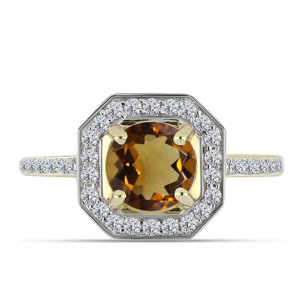 Pierścionek srebrny pozłacany z koniakowym kwarcem i białym topazem