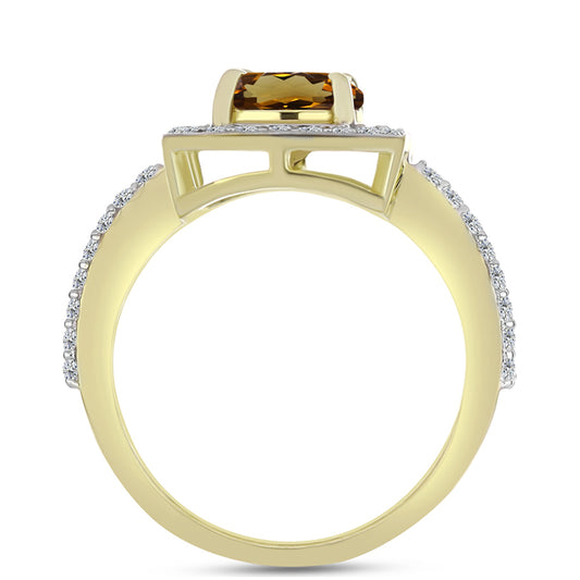 Pierścionek srebrny pozłacany z koniakowym kwarcem i białym topazem