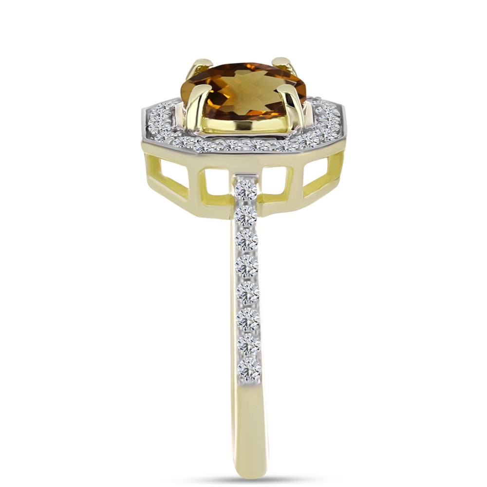 Pierścionek srebrny pozłacany z koniakowym kwarcem i białym topazem