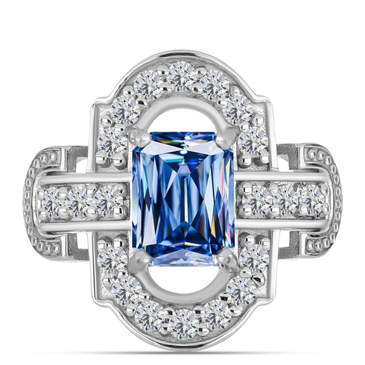 Pierścionek ze srebra próby 925 z moissanitem w kolorze oceanicznym i białym topazem