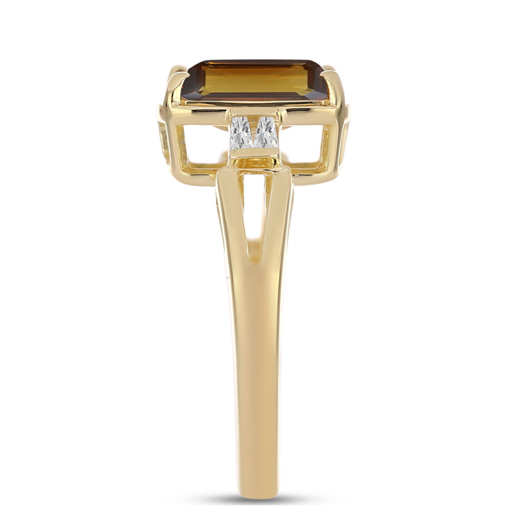 Pierścionek srebrny pozłacany z koniakowym kwarcem i białym cyrkonem