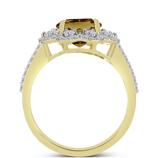 Pierścionek srebrny pozłacany z koniakowym kwarcem i białym topazem