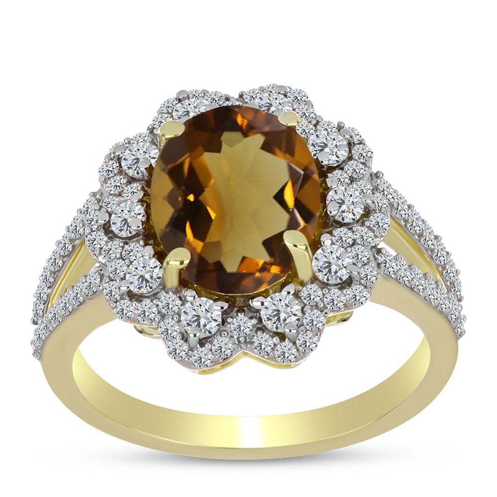 Pierścionek srebrny pozłacany z koniakowym kwarcem i białym topazem