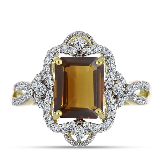 Pierścionek srebrny pozłacany z koniakowym kwarcem i białym topazem