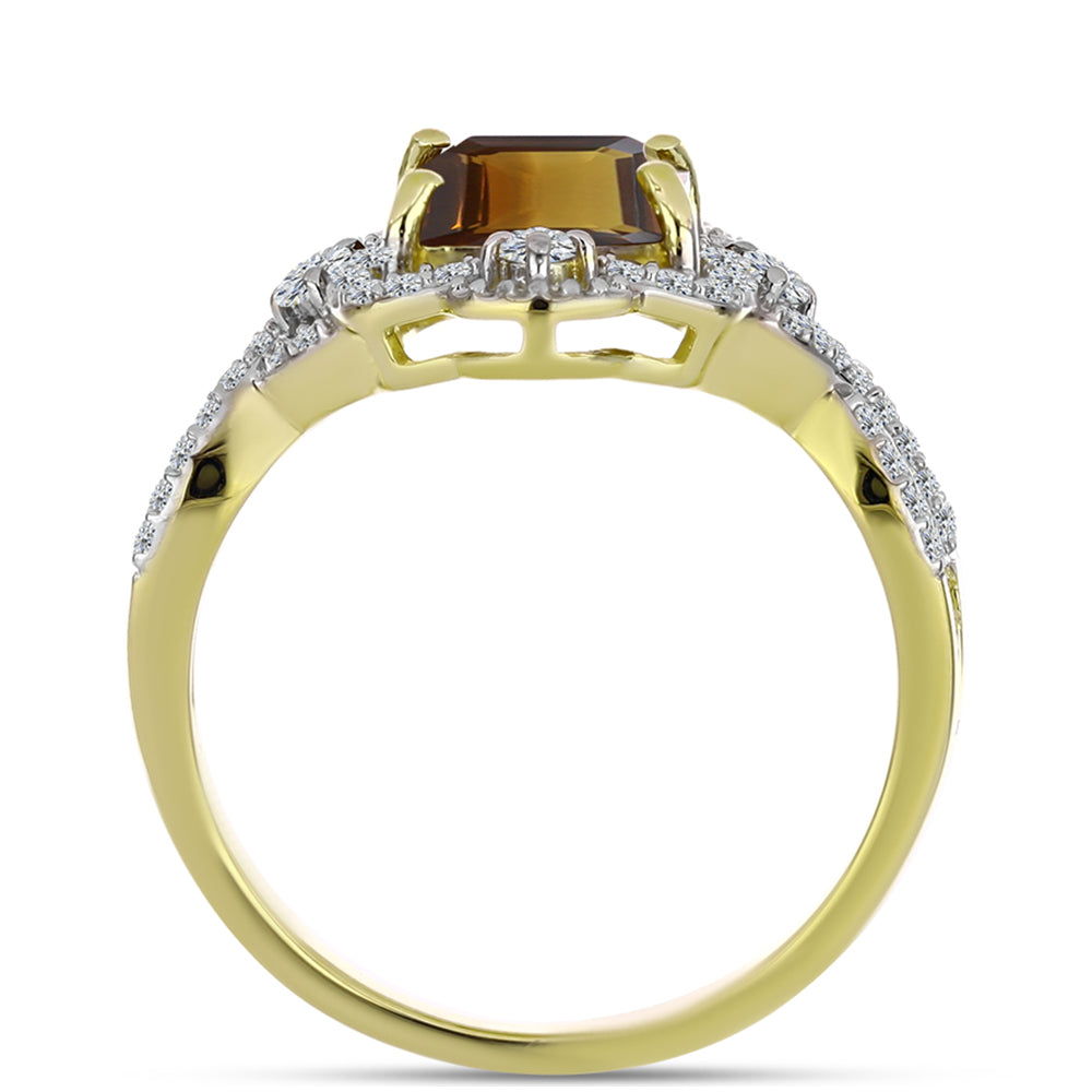 Pierścionek srebrny pozłacany z koniakowym kwarcem i białym topazem