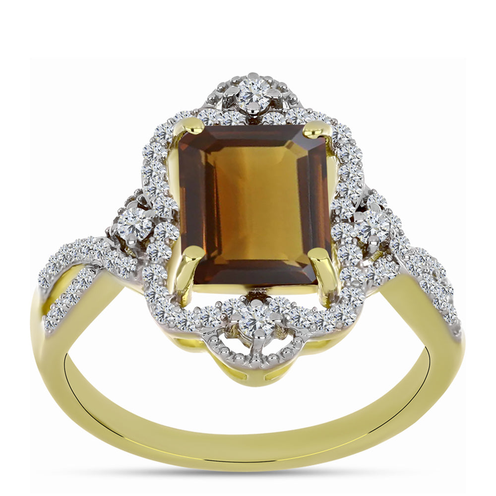 Pierścionek srebrny pozłacany z koniakowym kwarcem i białym topazem