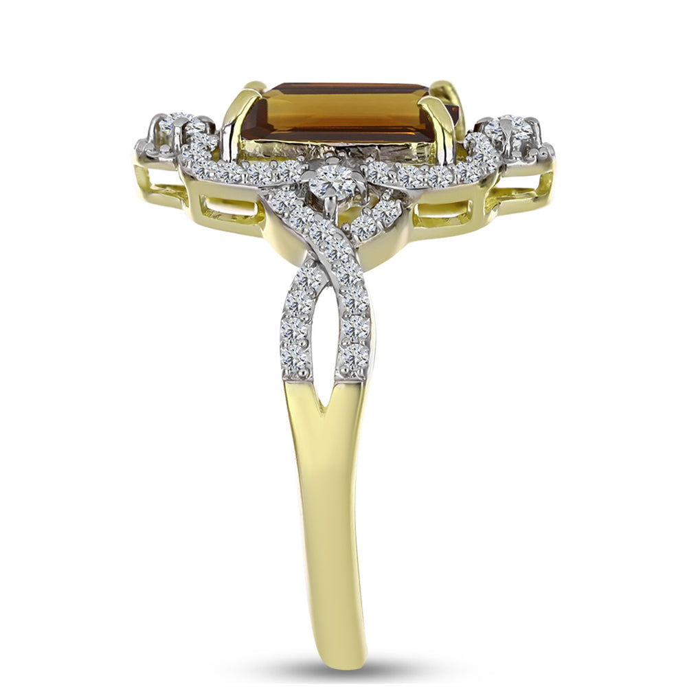 Pierścionek srebrny pozłacany z koniakowym kwarcem i białym topazem