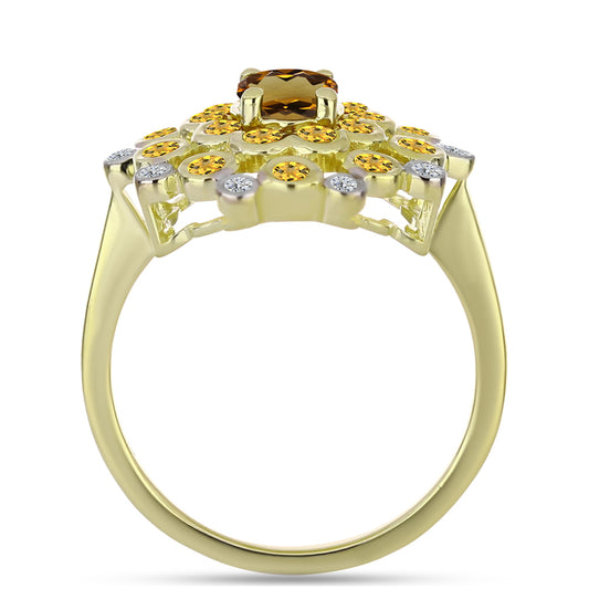 Pierścionek srebrny pozłacany z koniakowym kwarcem i białym topazem