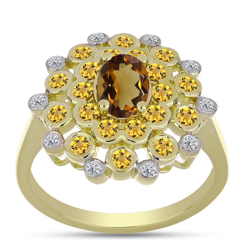 Pierścionek srebrny pozłacany z koniakowym kwarcem i białym topazem