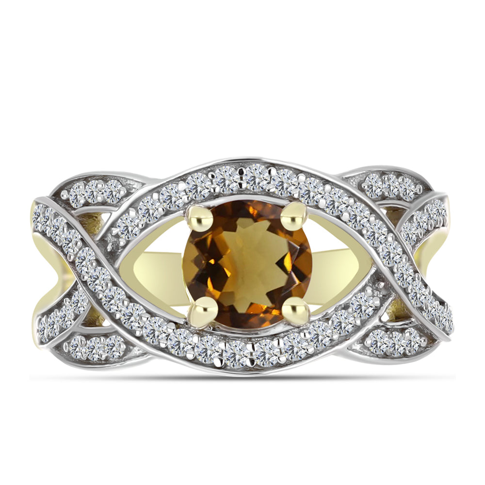 Pierścionek srebrny pozłacany z koniakowym kwarcem i białym topazem