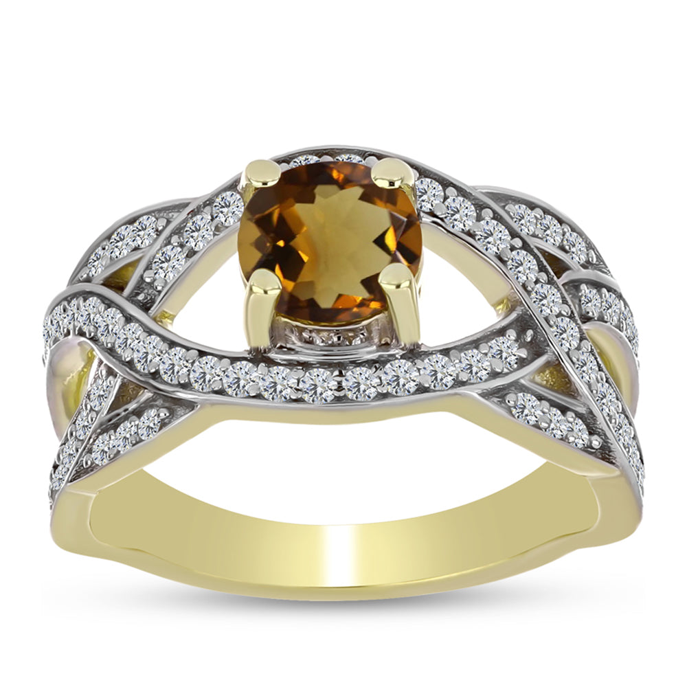 Pierścionek srebrny pozłacany z koniakowym kwarcem i białym topazem