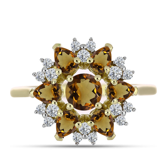 Pierścionek srebrny pozłacany z koniakowym kwarcem i białym topazem