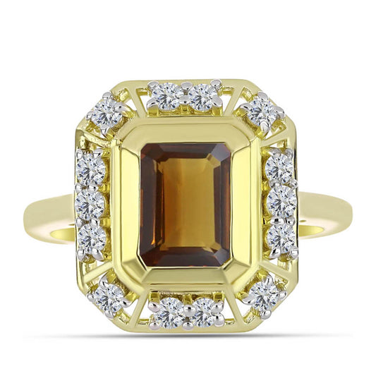 Pierścionek srebrny pozłacany z koniakowym kwarcem i białym topazem