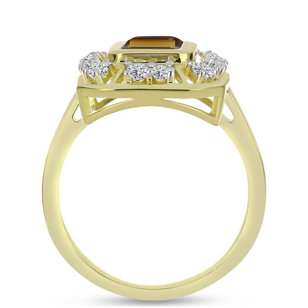 Pierścionek srebrny pozłacany z koniakowym kwarcem i białym topazem