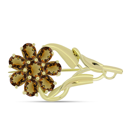 Broszka srebrny pozłacany z koniakowym kwarcem i białym topazem