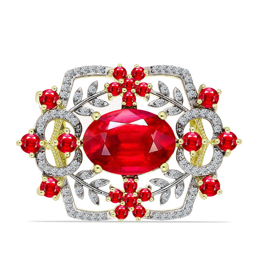 Broszka srebrny pozłacany z czerwonym agatem i białym topazem