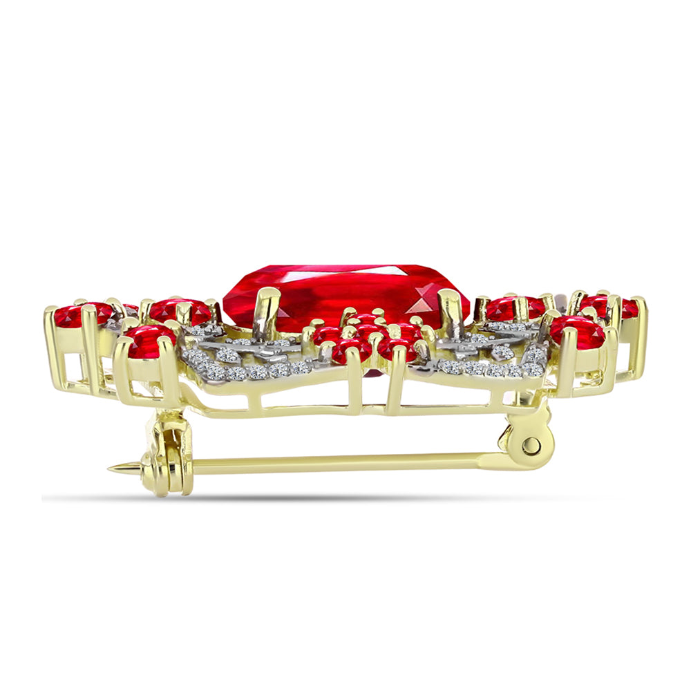 Broszka srebrny pozłacany z czerwonym agatem i białym topazem