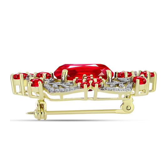 Broszka srebrny pozłacany z czerwonym agatem i białym topazem