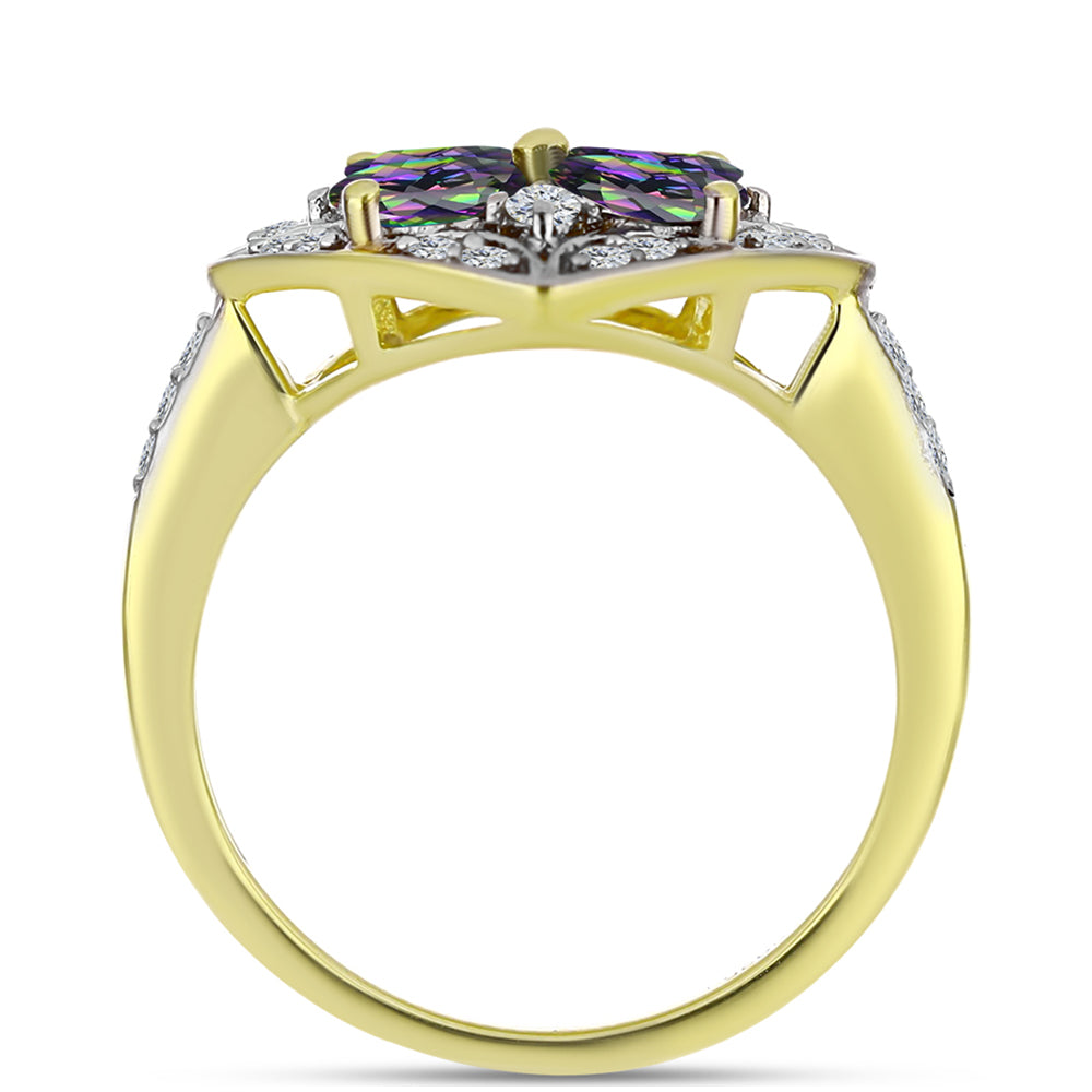 Pierścionek srebrny pozłacany z mistycznym zielonym hematytowym kwarcem i białym topazem