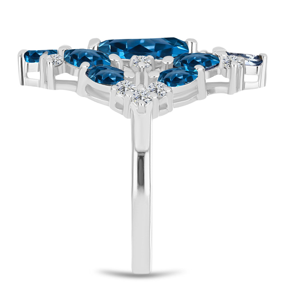 Pierścionek ze srebra próby 925 z niebieskim topazem londyńskim i białym topazem