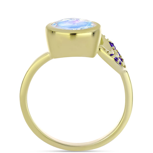 Pierścionek srebrny pozłacany z tęczowym kamieniem księżycowym i marokańskim ametystem