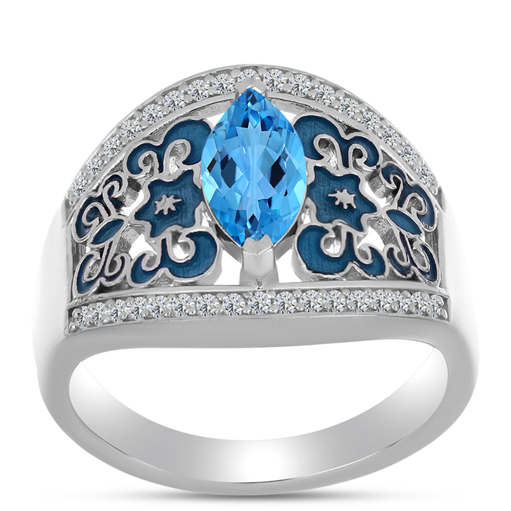 Pierścionek ze srebra próby 925 z niebieskim topazem szwajcarskim i białym topazem 3 