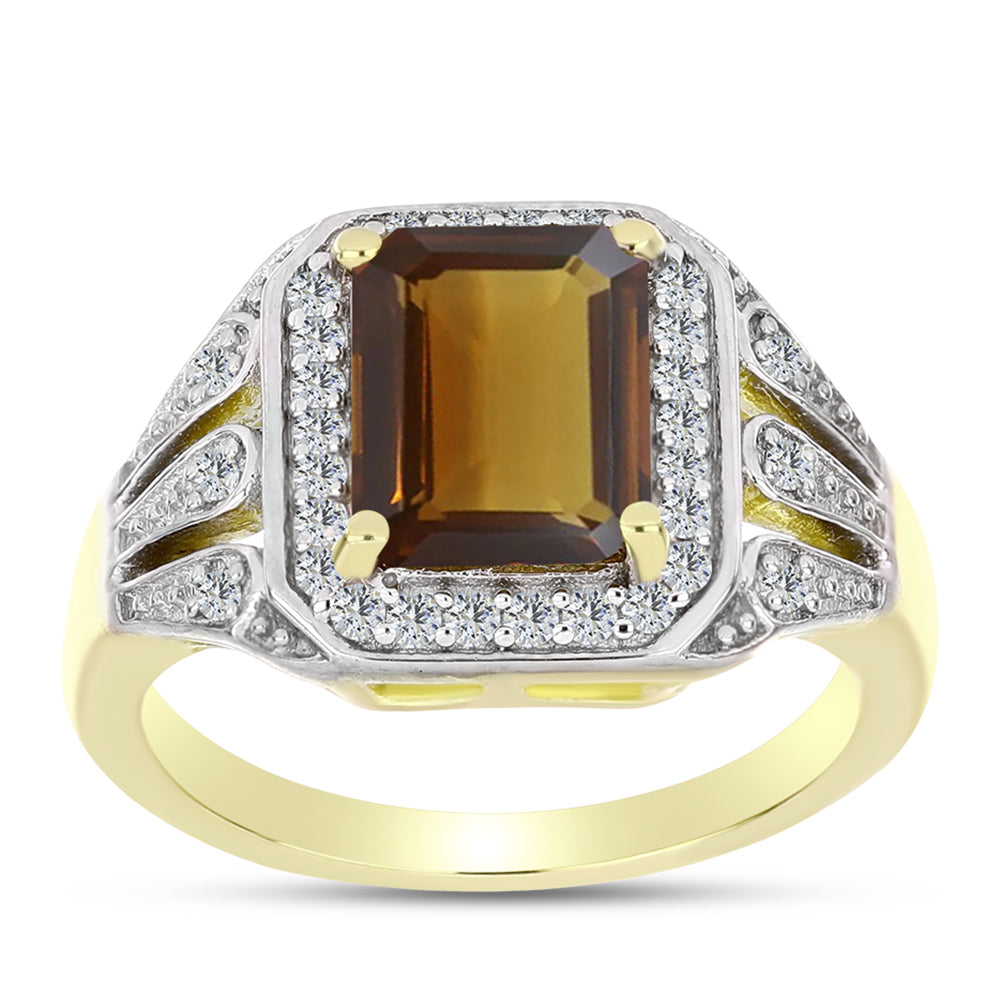 Pierścionek srebrny pozłacany z koniakowym kwarcem i białym topazem