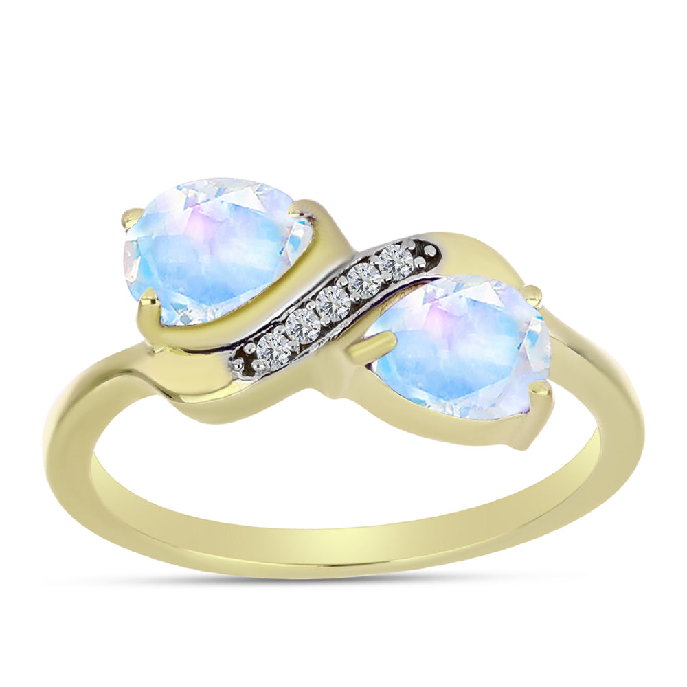 Pierścionek srebrny pozłacany z tęczowym kamieniem księżycowym i białym topazem 3 