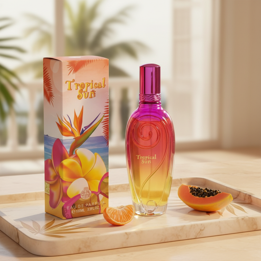 100 ml wody prefumowanej "TROPICAL SUN" Owocowy piżmowy zapach dla kobiet, o wysokiej zawartości olejków zapachowych 3%