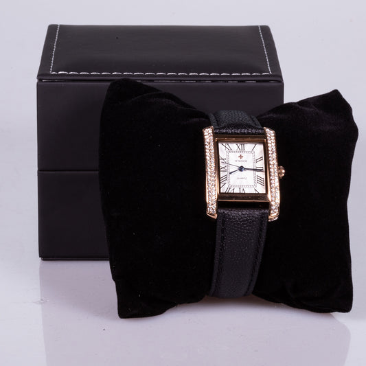 Zegarek pozłacany ze skórzanym paskiem, ze stali nierdzewnej z białym cyrkonem