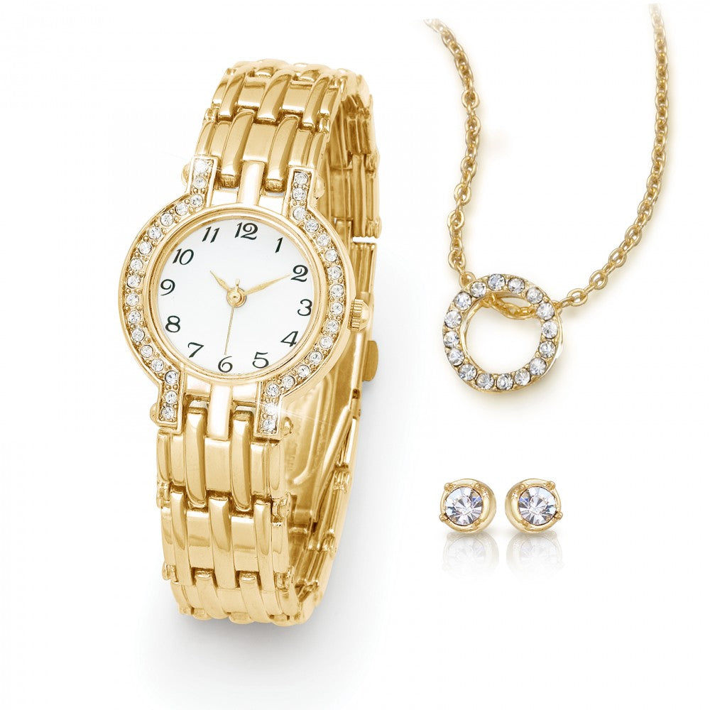 3-częściowy zestaw zegarków ze stopu pozłacanego, wisiorka i kolczyków z białymi kryształami Emporia