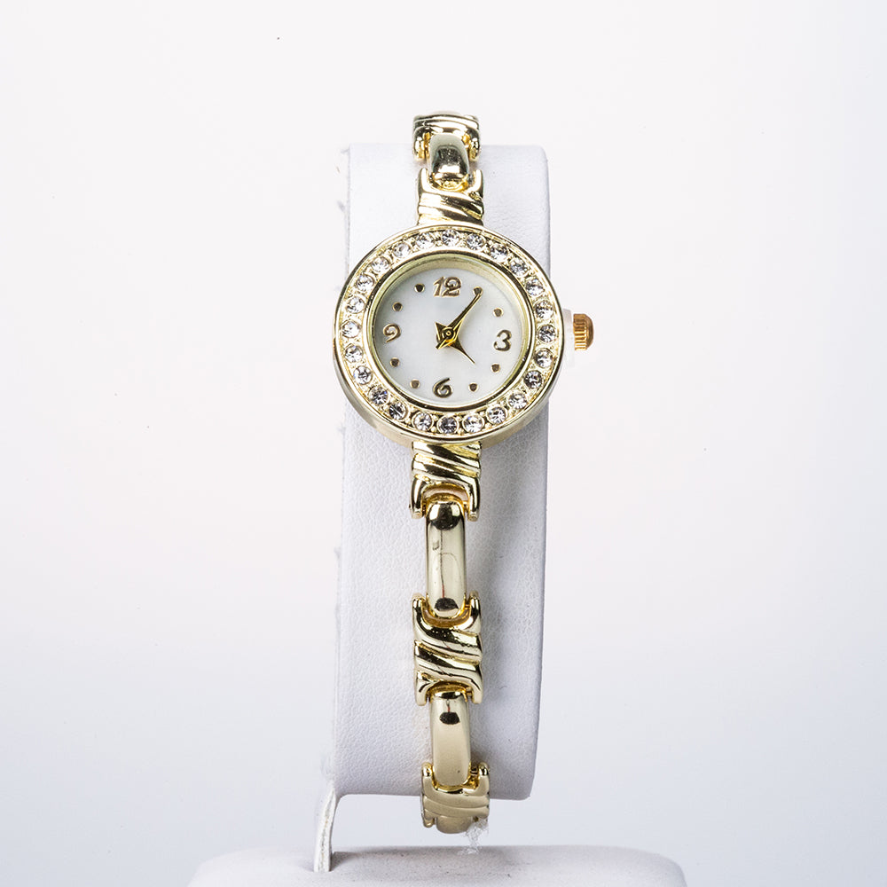 2 częściowy zestaw- zegarek ze stopu pozłacanego i bransoletka z białymi kryształami Emporia