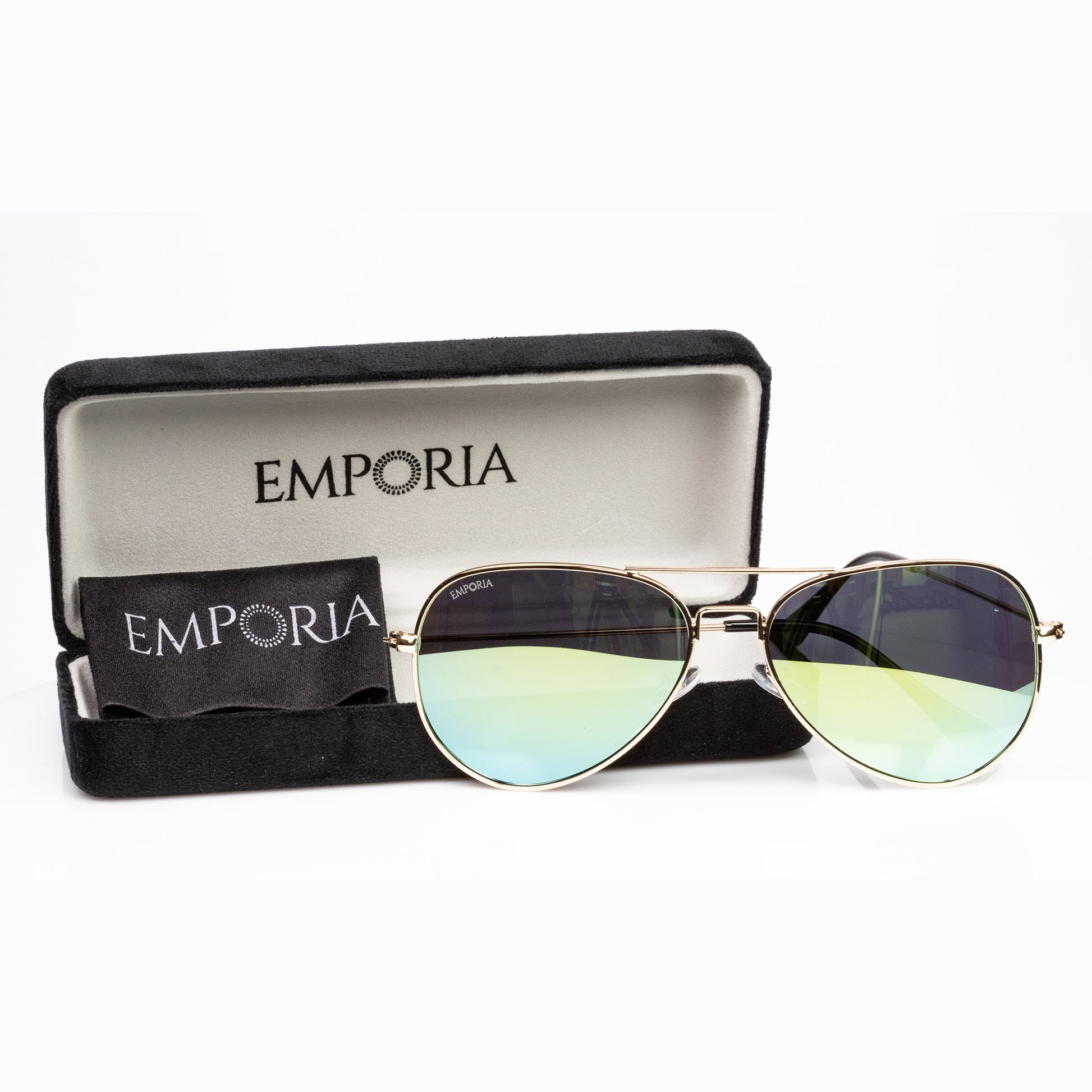 Emporia Italy - Seria Aviator "JUNGLE", polaryzacyjne okulary przeciwsłoneczne z twardym etui i ściereczką do czyszczenia, żółto-zielone szkła, złota oprawka 2 