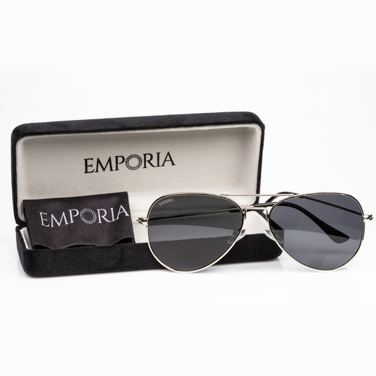 Emporia Italy - Okulary przeciwsłoneczne Aviator "SZEF", polaryzacyjne okulary przeciwsłoneczne z twardym etui i ściereczką do czyszczenia, ciemnoszare soczewki, srebrna oprawka