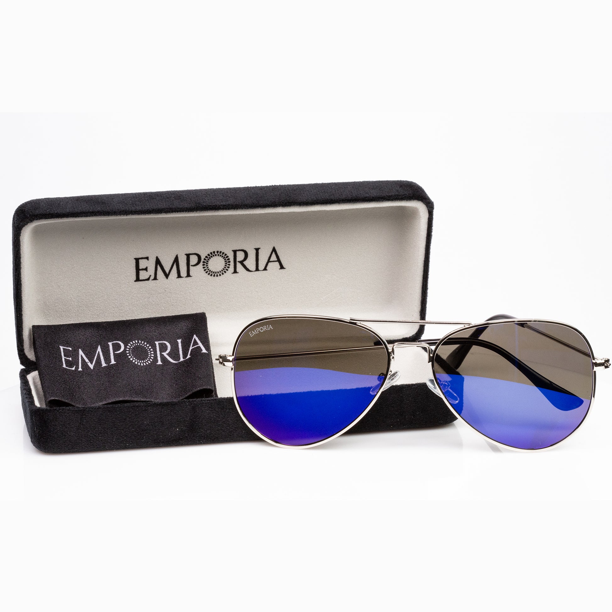 Emporia Włochy - seria Aviator "LAGOON", polaryzacyjne okulary przeciwsłoneczne z twardym etui i ściereczką do czyszczenia, niebiesko-fioletowe szkła, srebrna oprawka 2 