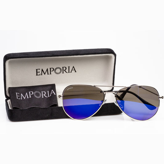 Emporia Włochy - seria Aviator "LAGOON", polaryzacyjne okulary przeciwsłoneczne z twardym etui i ściereczką do czyszczenia, niebiesko-fioletowe szkła, srebrna oprawka