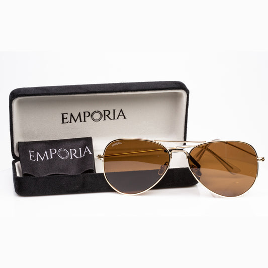 Emporia Italy - Okulary przeciwsłoneczne Aviator "DESERT", polaryzacyjne okulary przeciwsłoneczne z twardym etui i ściereczką do czyszczenia, jasnobrązowe soczewki, złota oprawka