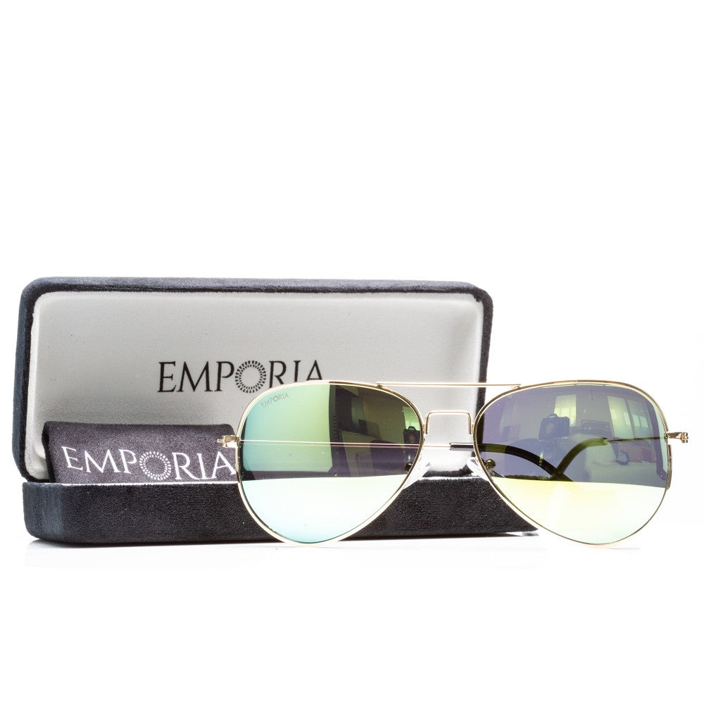 Emporia Italy - Seria Aviator "JUNGLE", polaryzacyjne okulary przeciwsłoneczne z twardym etui i ściereczką do czyszczenia, żółto-zielone szkła, złota oprawka 1 