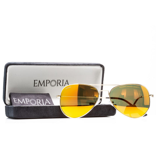 Emporia Włochy - Okulary przeciwsłoneczne Aviator "SUNBURST", spolaryzowane okulary przeciwsłoneczne z twardym etui i ściereczką do czyszczenia, pomarańczowe szkła sunburst, złota oprawka