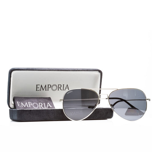 Emporia Italy - Okulary przeciwsłoneczne Aviator "SZEF", polaryzacyjne okulary przeciwsłoneczne z twardym etui i ściereczką do czyszczenia, ciemnoszare soczewki, srebrna oprawka