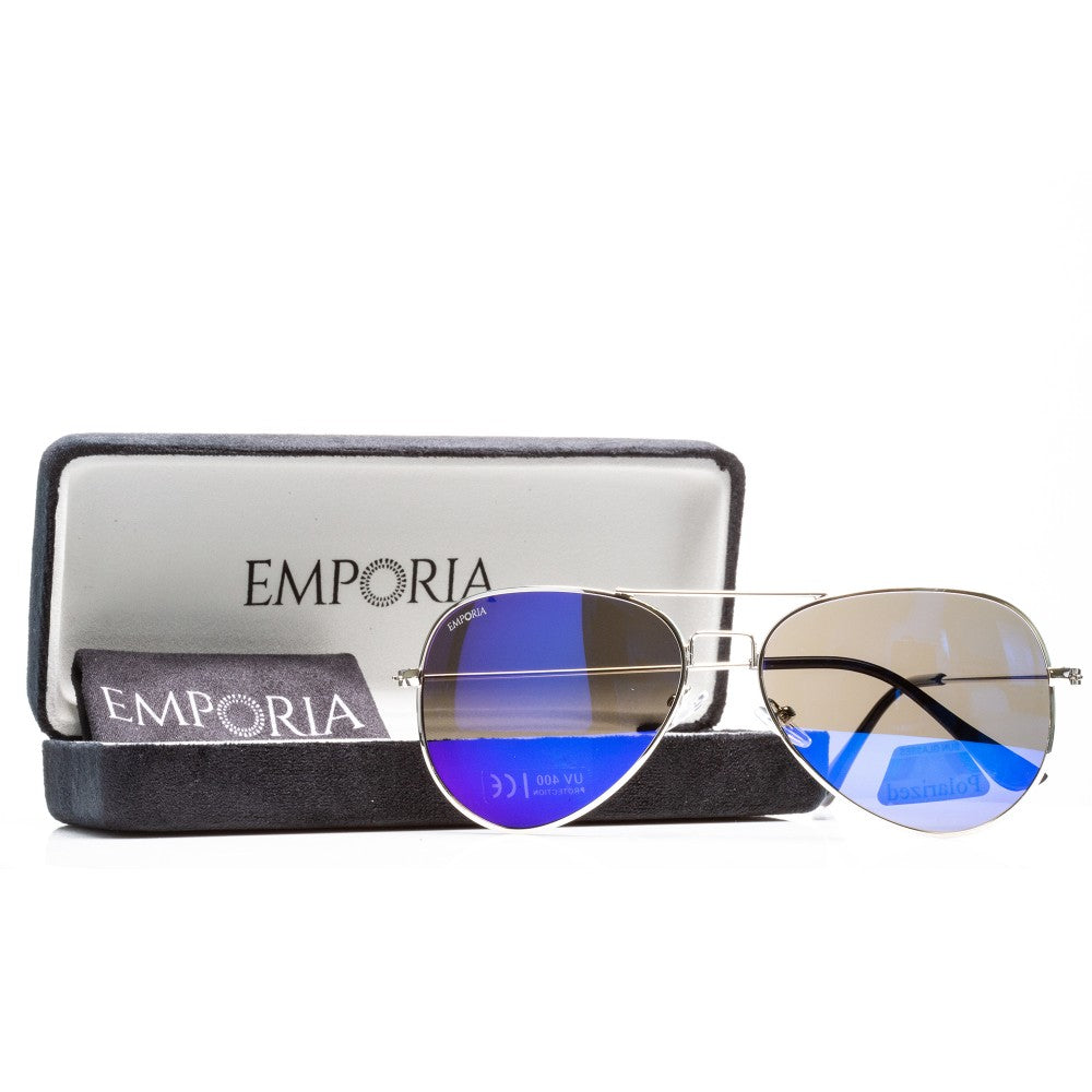 Emporia Włochy - seria Aviator "LAGOON", polaryzacyjne okulary przeciwsłoneczne z twardym etui i ściereczką do czyszczenia, niebiesko-fioletowe szkła, srebrna oprawka 1 